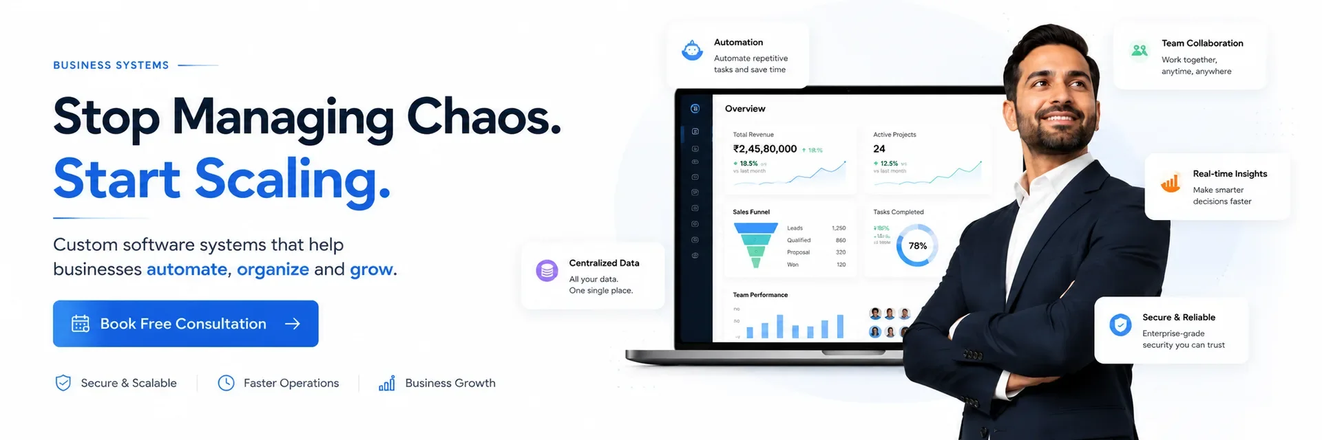 Stop managing chaos, start scaling — custom software systems that automate, organize and grow your business